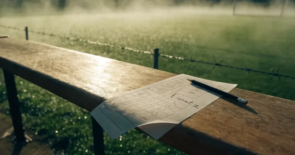Ein Klemmbrett mit leerem Papier und ein Bleistift liegen auf einer Tribünenbank, darunter ein Rasenplatz im Frühnebel.