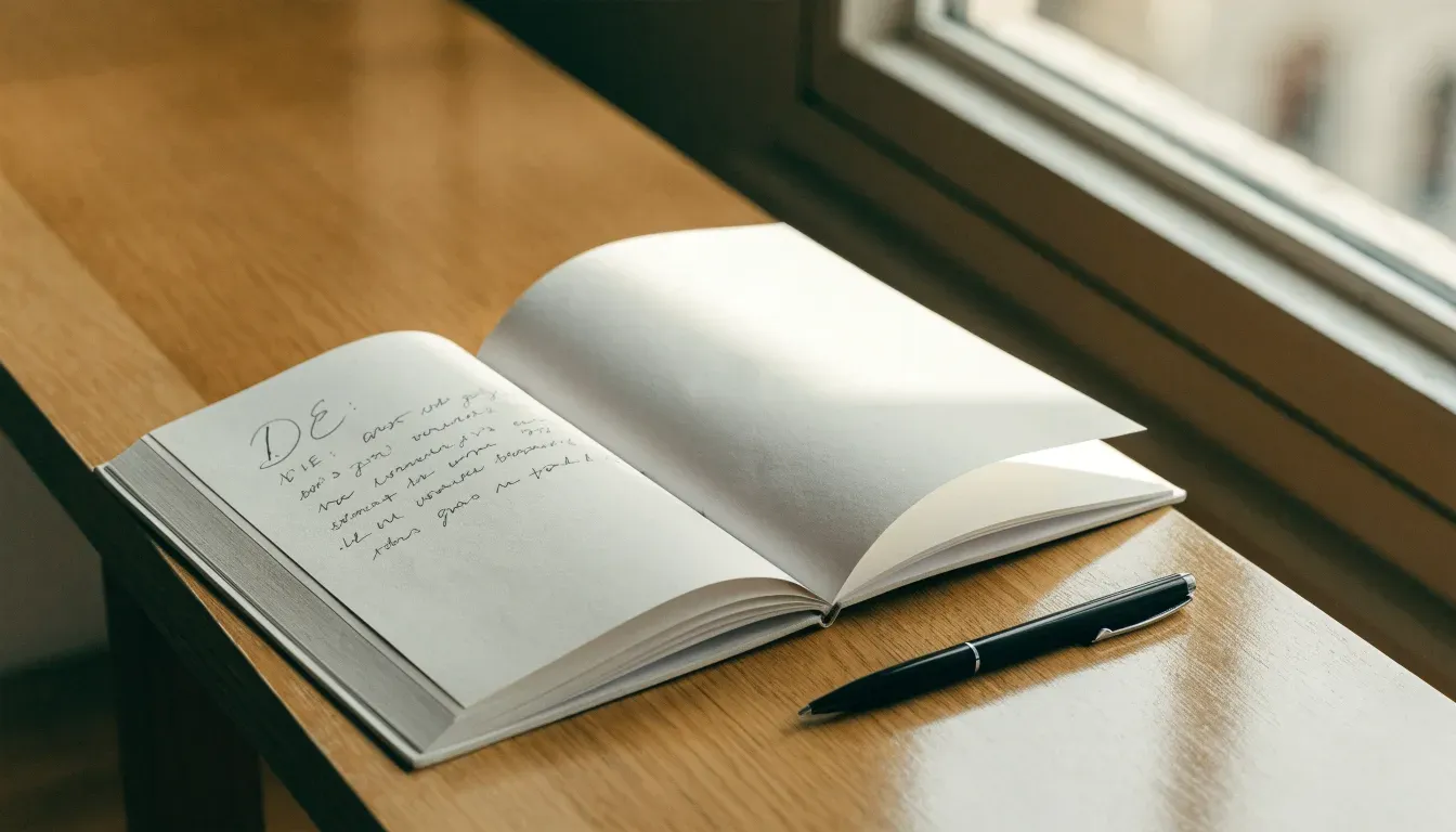 Ein aufgeschlagenes Notizbuch mit handschriftlichen Notizen und ein Kugelschreiber liegen auf einem Holztisch neben einem Fenster mit Tageslicht.