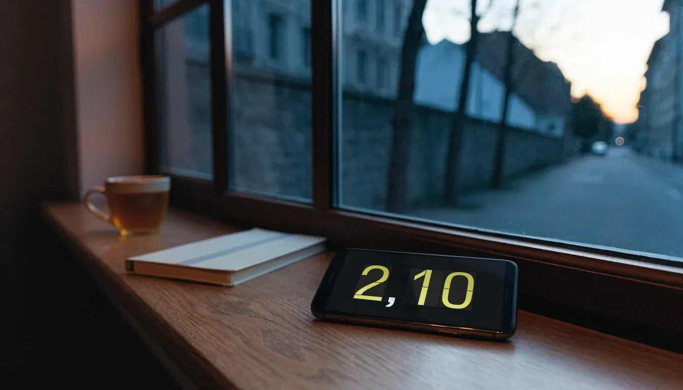 Eine Sanduhr steht auf einem Fensterbrett neben einer Tasse Tee, draussen dämmert es über einer ruhigen Strasse.