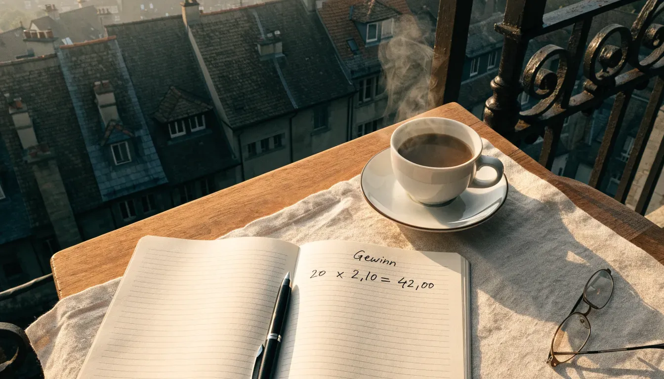 Eine Kaffeetasse und ein aufgeklappter leerer Notizblock stehen auf einem Balkontisch mit Blick über Hausdächer.
