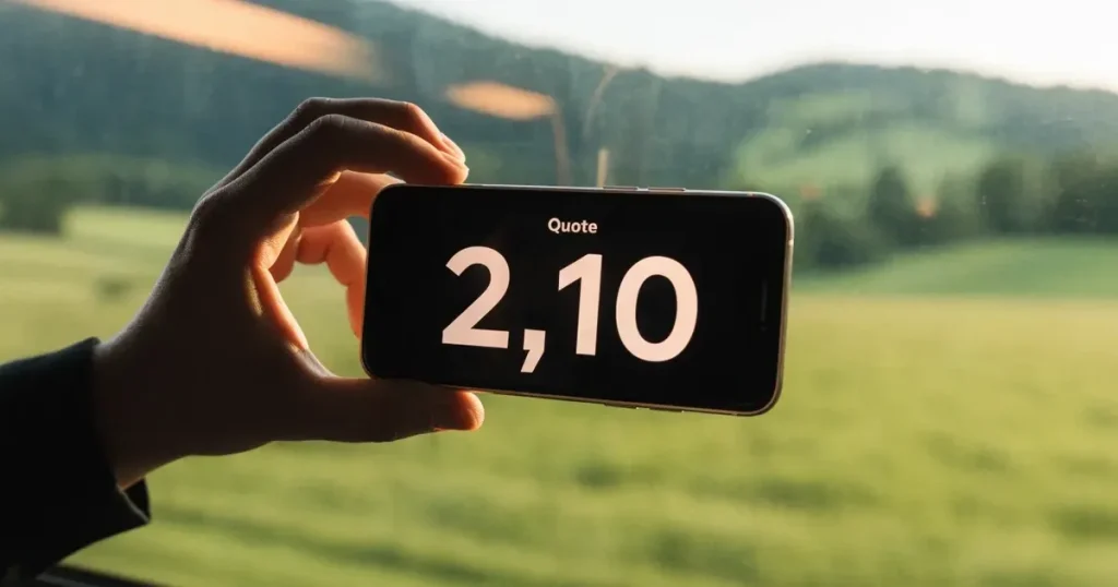 Eine Hand hält ein Smartphone mit schwarzem Bildschirm vor einem Zugfenster, draussen ziehen Hügel und Wiesen vorbei.