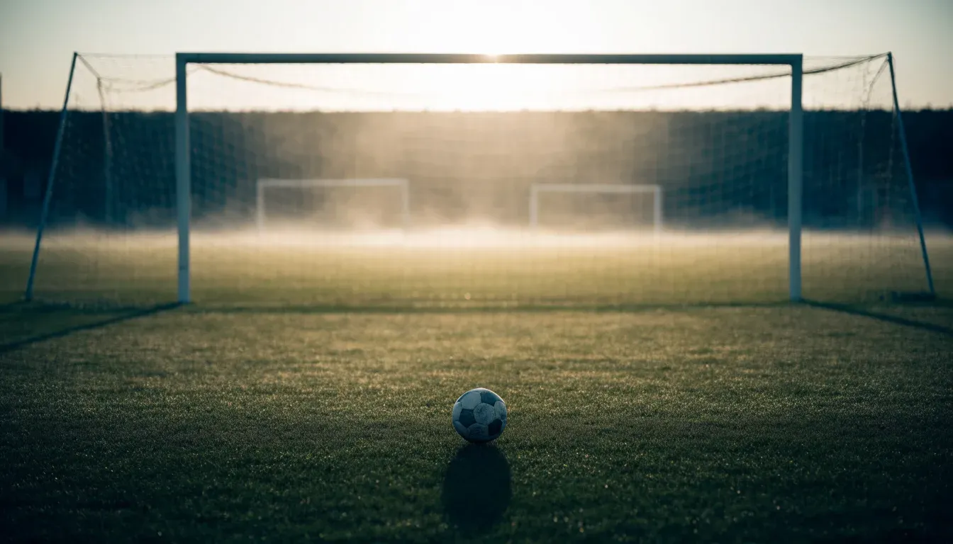 Ein Torpfosten mit Netz steht im Gegenlicht auf einem leeren Fussballplatz, über dem Rasen liegt Nebel.