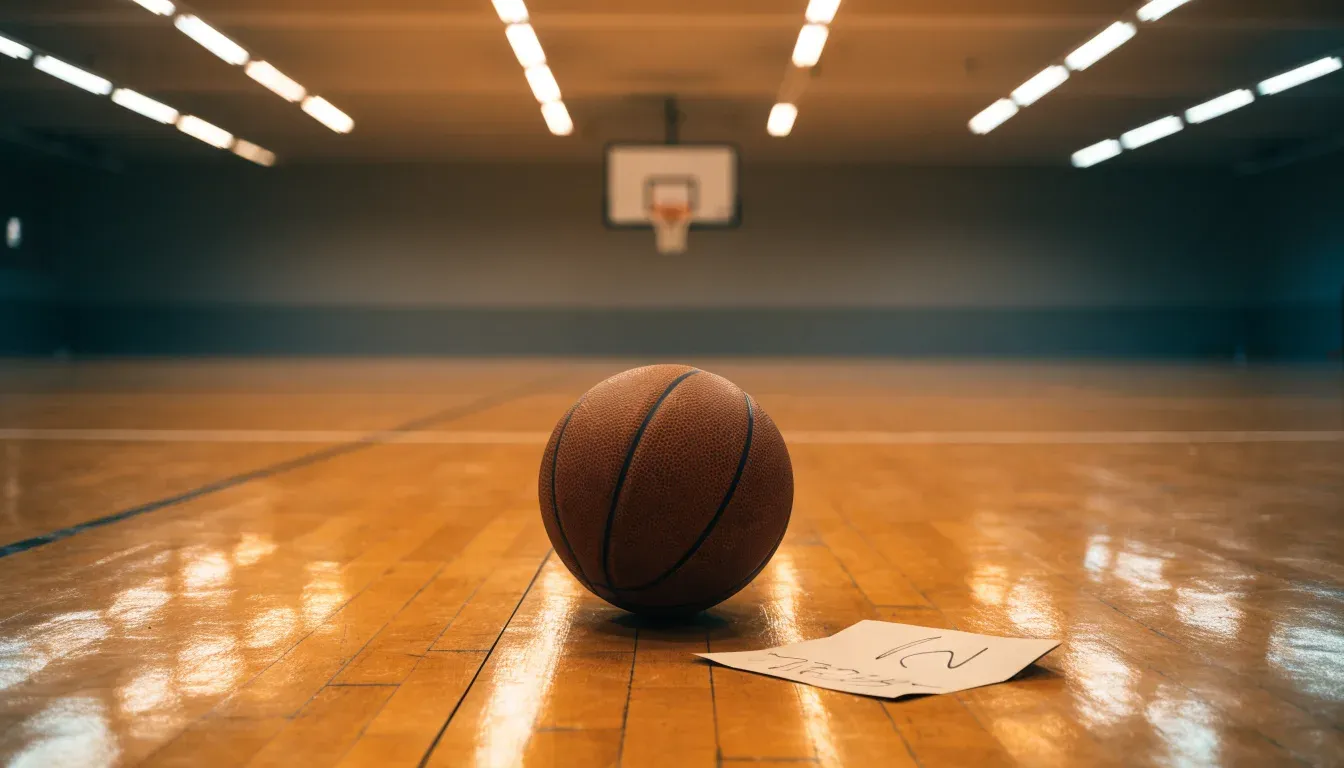 Ein Basketball liegt auf dem Parkett einer leeren Sporthalle im Licht der Deckenlampen.