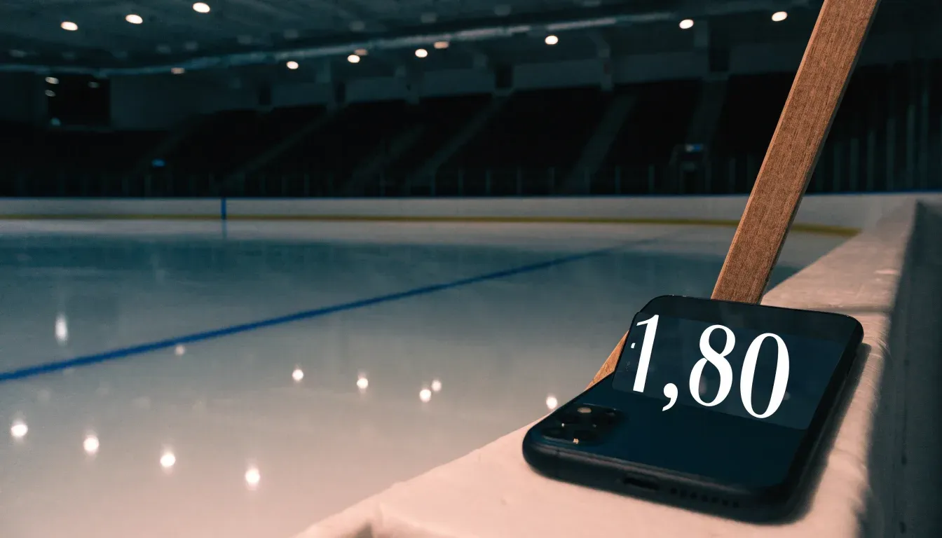 Ein Eishockeyschläger lehnt an der Bande einer leeren Halle, auf dem Eis spiegeln sich die Deckenlampen.