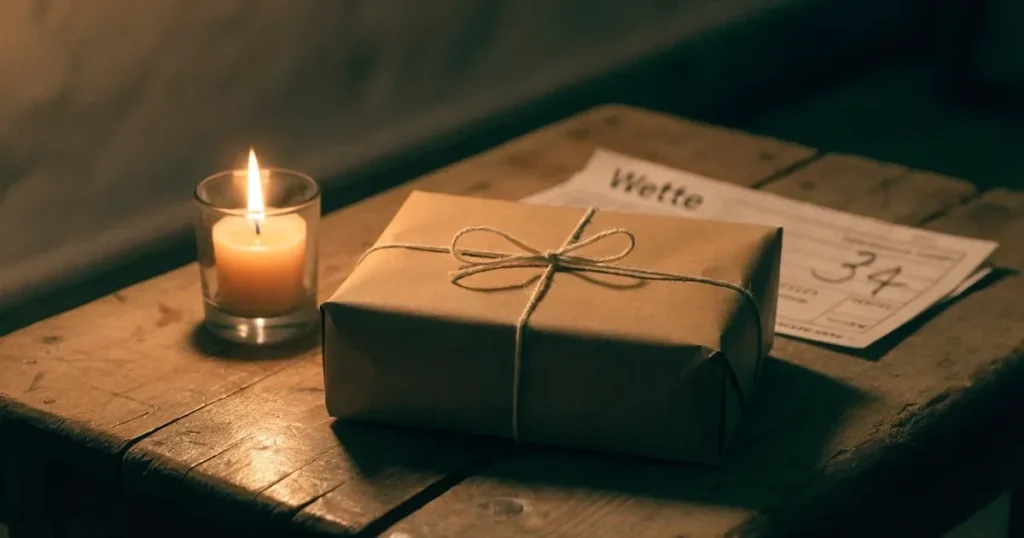 Ein einzelnes Geschenkpaket mit Schnur liegt auf einem Holztisch neben einer brennenden Kerze.