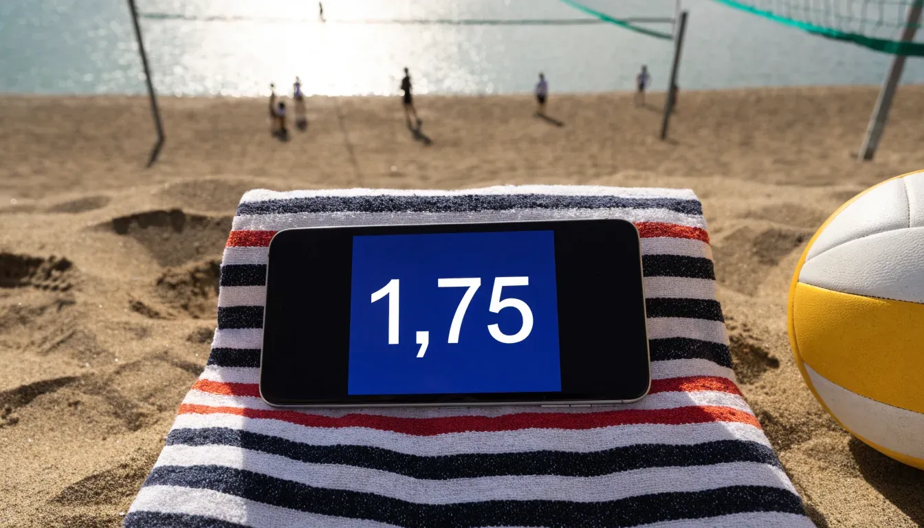 Ein Volleyball liegt auf dem Sand eines Strandfeldes am Seeufer, im Hintergrund glitzert das Wasser.