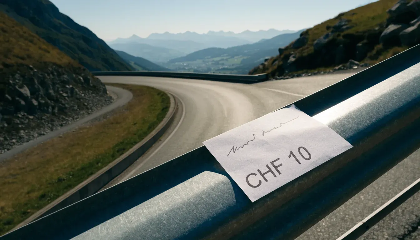 Eine Passstrasse mit Leitplanke windet sich an einem klaren Tag durch eine Berglandschaft.