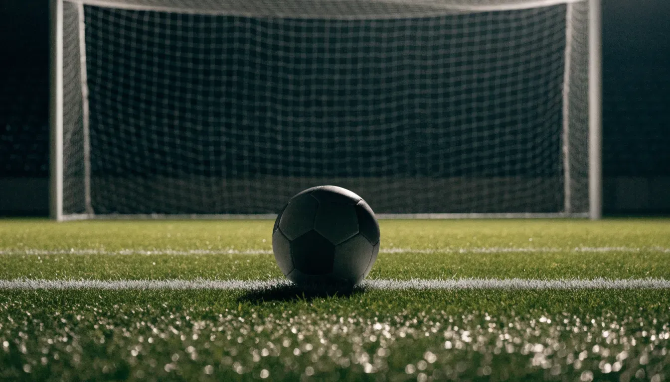 Ein einzelner Fussball liegt auf dem Elfmeterpunkt eines leeren Strafraums, der Rasen glänzt nass.