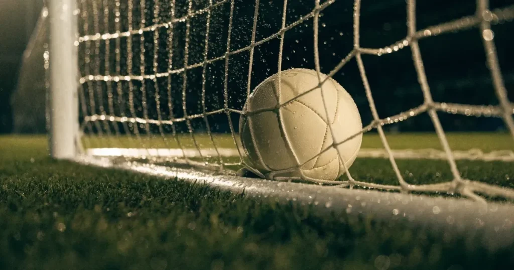 Ein Fussballnetz in Nahaufnahme, in dem ein Ball hängt, Wassertropfen glänzen auf den Maschen.