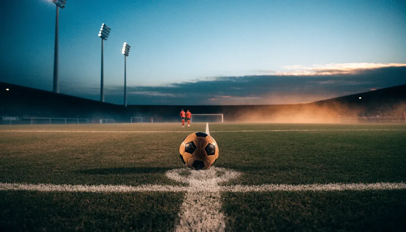 Ein Fussball liegt auf dem Mittelpunkt eines leeren Rasenplatzes, im Hintergrund ragen Flutlichtmasten in die Abenddämmerung
