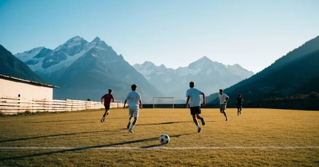 Ein Dorf-Sportplatz mit einem Ball am Strafraumrand, dahinter schneebedeckte Alpengipfel im klaren Morgenlicht