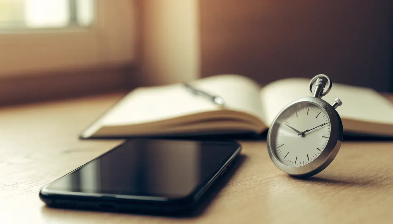 Eine Stoppuhr und ein Smartphone mit dunklem Display liegen nebeneinander auf einem Holztisch, weiches Fensterlicht