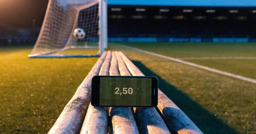 Ein Fussball liegt im Netz eines Tores, Flutlicht und kalte Abendluft liegen über dem leeren Platz