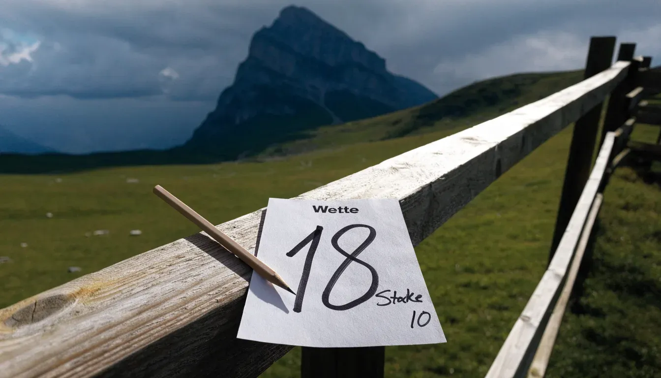 Ein Feldweg führt durch eine Alpwiese mit Holzzaun, im Hintergrund hängen Wolken über einem felsigen Gipfel