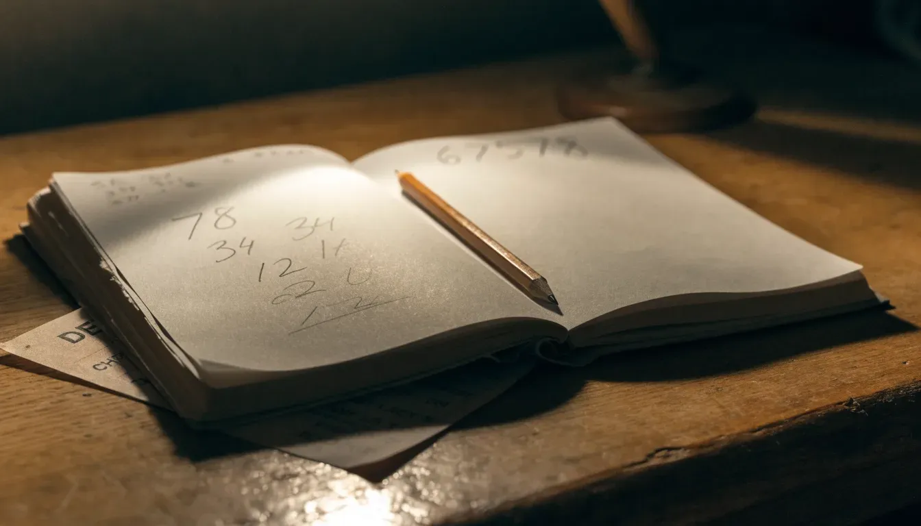 Ein Taschenrechner und ein Bleistift liegen auf einem leeren Blatt Papier, schräges Licht einer Schreibtischlampe