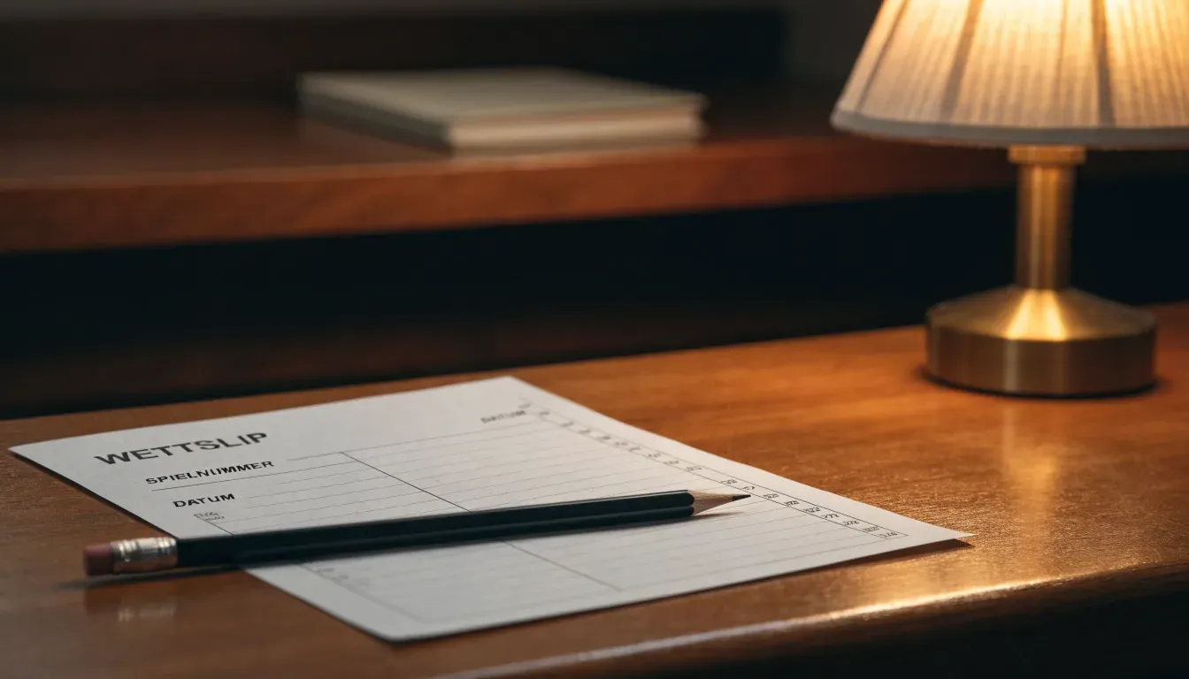 Ein leerer Wettschein aus Papier und ein Bleistift liegen auf einem Holztresen, warmes Licht einer Lampe