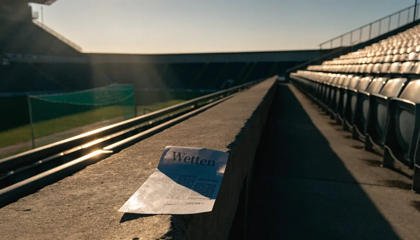 Eine leere Stadiontribüne bei Sonnenaufgang aus der Ferne, lange Schatten fallen über die Sitzreihen