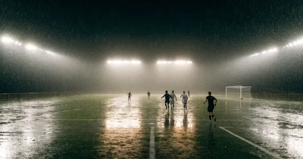 Ein Fussballplatz mit Kunstrasen im Regen, Pfützen spiegeln das Licht der Flutlichtmasten