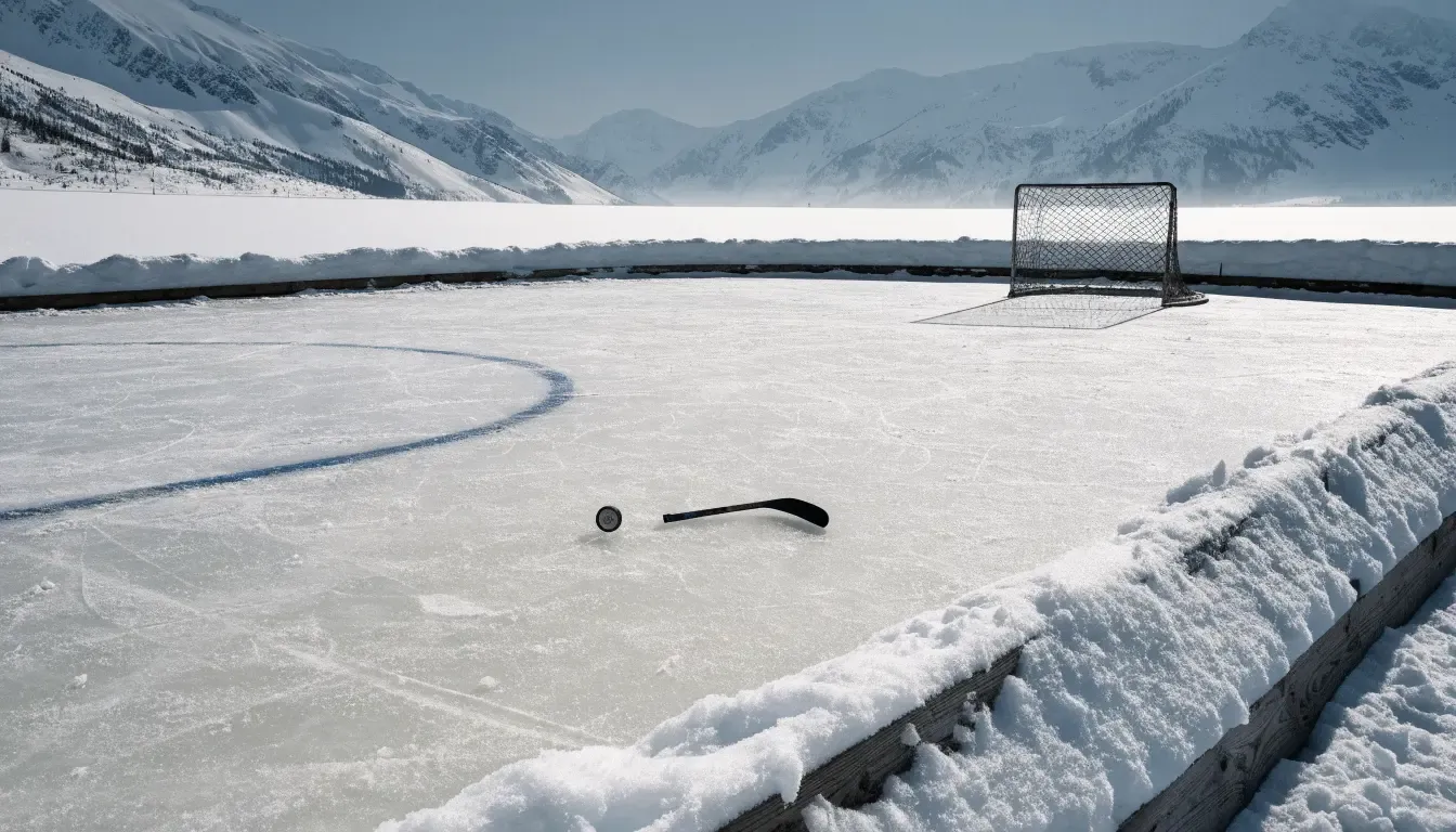 Ein Eishockeyfeld im Freien auf einem zugefrorenen See, Schneewehen an den Banden, klare Winterluft