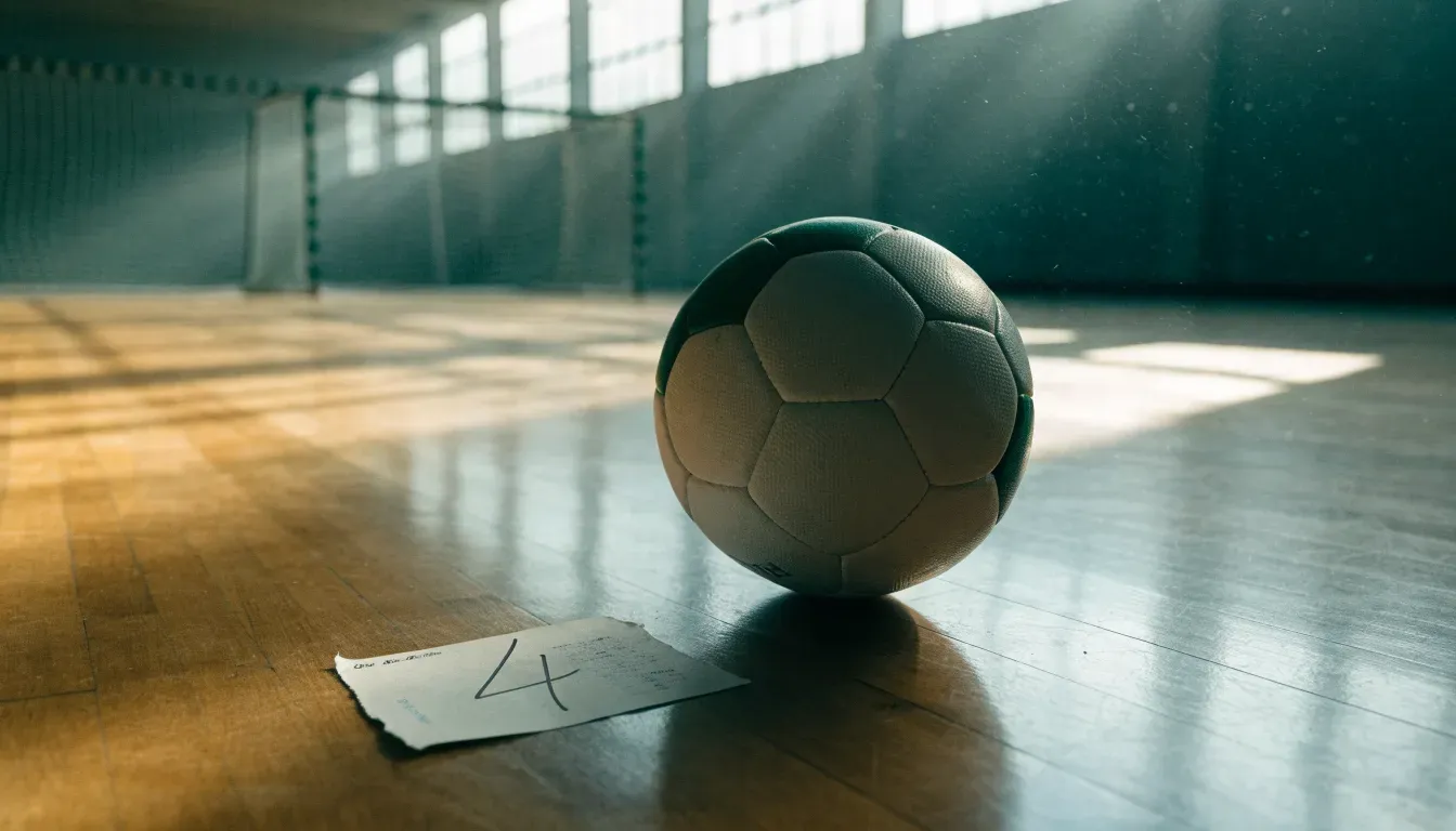 Ein Handball liegt auf dem Hallenboden einer leeren Sporthalle, Streifen von Licht aus den Oberlichtern