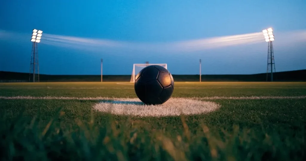 Ein Fussball liegt auf dem Anstosspunkt eines leeren Rasenplatzes in der Abenddämmerung, im Hintergrund leuchten Flutlichtmasten.
