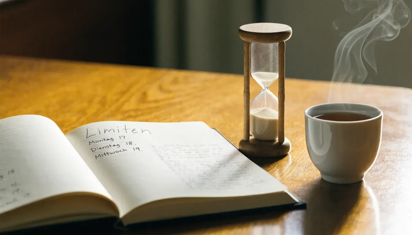 Eine Sanduhr steht neben einem Notizbuch mit handschriftlichen Notizen auf einem Holztisch, daneben dampft eine Tasse Tee.