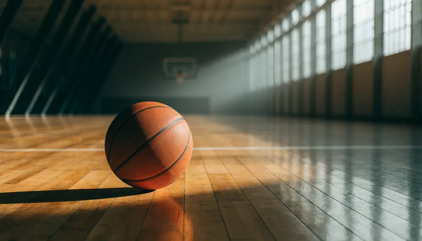 Ein Basketball ruht auf dem polierten Parkett einer leeren Halle, Nachmittagslicht fällt durch hohe Fenster.