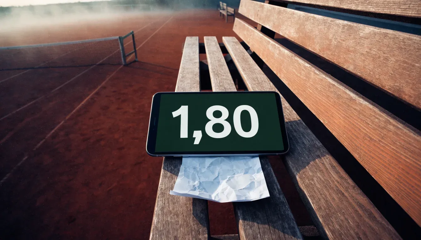 Ein gepflegter Tennisplatz im Morgengrauen, über der Grundlinie hängt leichter Nebel und die Bänke am Rand sind leer.