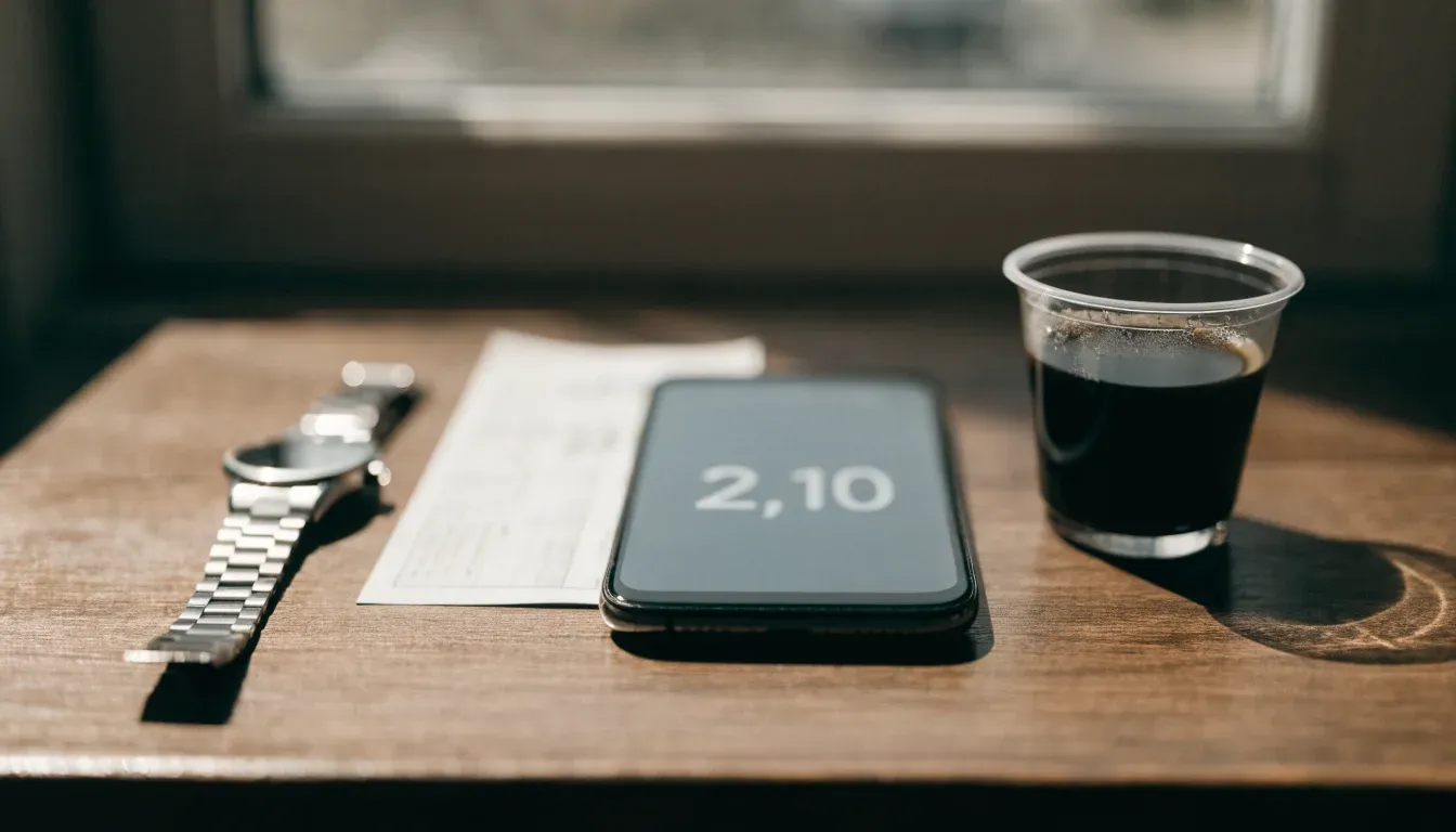 Ein Smartphone liegt mit dem Display nach unten auf einem Tisch neben einer Armbanduhr, im Hintergrund ein unscharfes Fenster.