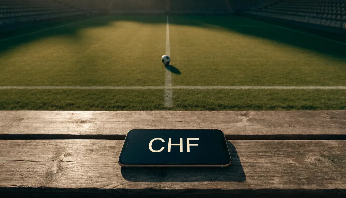 Leere Zuschauerränge eines kleinen Stadions im Herbstlicht, davor ein Rasenplatz mit frisch gezogenen Linien.