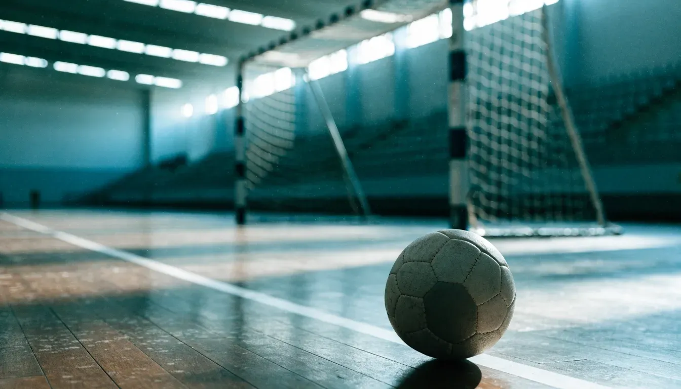 Ein Handball liegt am Rand des Torraums in einer leeren Sporthalle, Licht fällt durch Oberlichter auf den Hallenboden.
