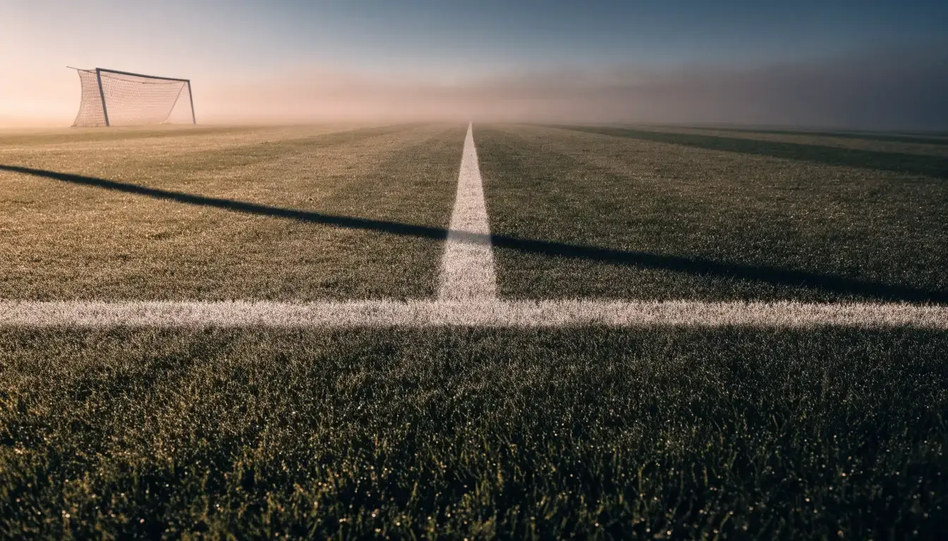 Ein Rasenspielfeld bei Sonnenaufgang, die Mittellinie verläuft quer durchs Bild und Tau glitzert auf dem Gras.