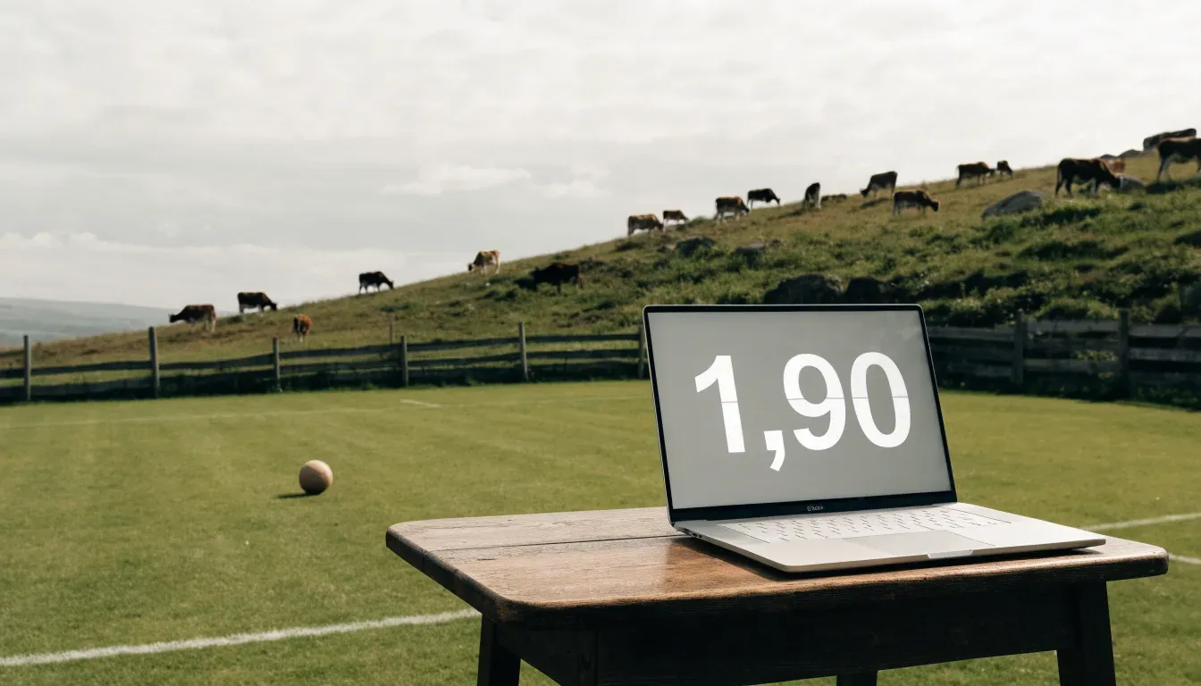 Ein Dorffussballplatz mit Holzzaun am Hang, dahinter grasen Kühe auf einer Weide unter hohen Wolken.