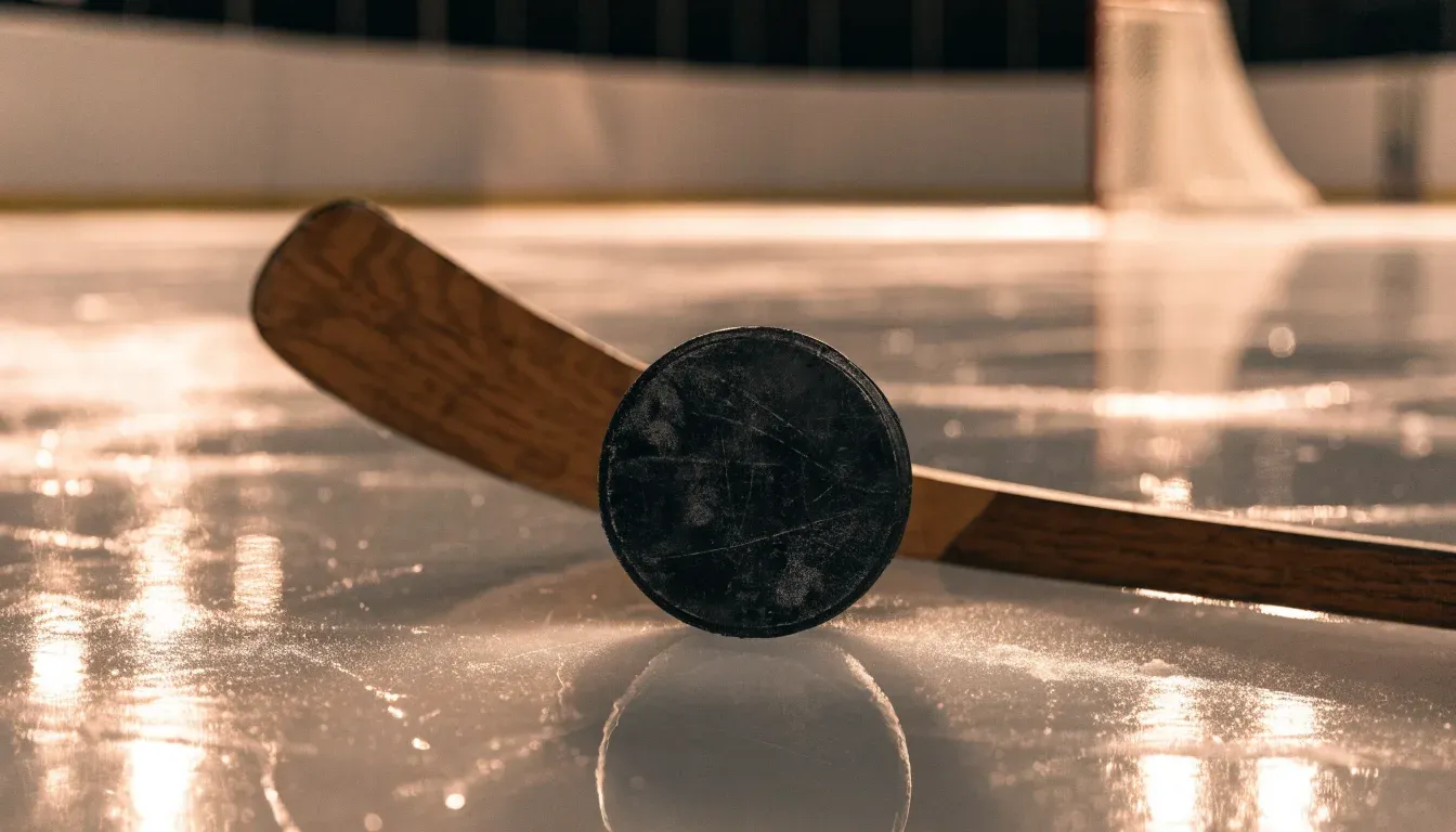 Ein Eishockeypuck und ein Schläger liegen auf einer glänzenden Eisfläche, im Hintergrund verschwimmen leere Banden.