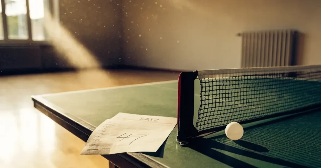 Eine Tischtennisplatte steht in einer leeren Sporthalle, ein einzelner Ball liegt am Netz und Tageslicht fällt von der Seite ein.