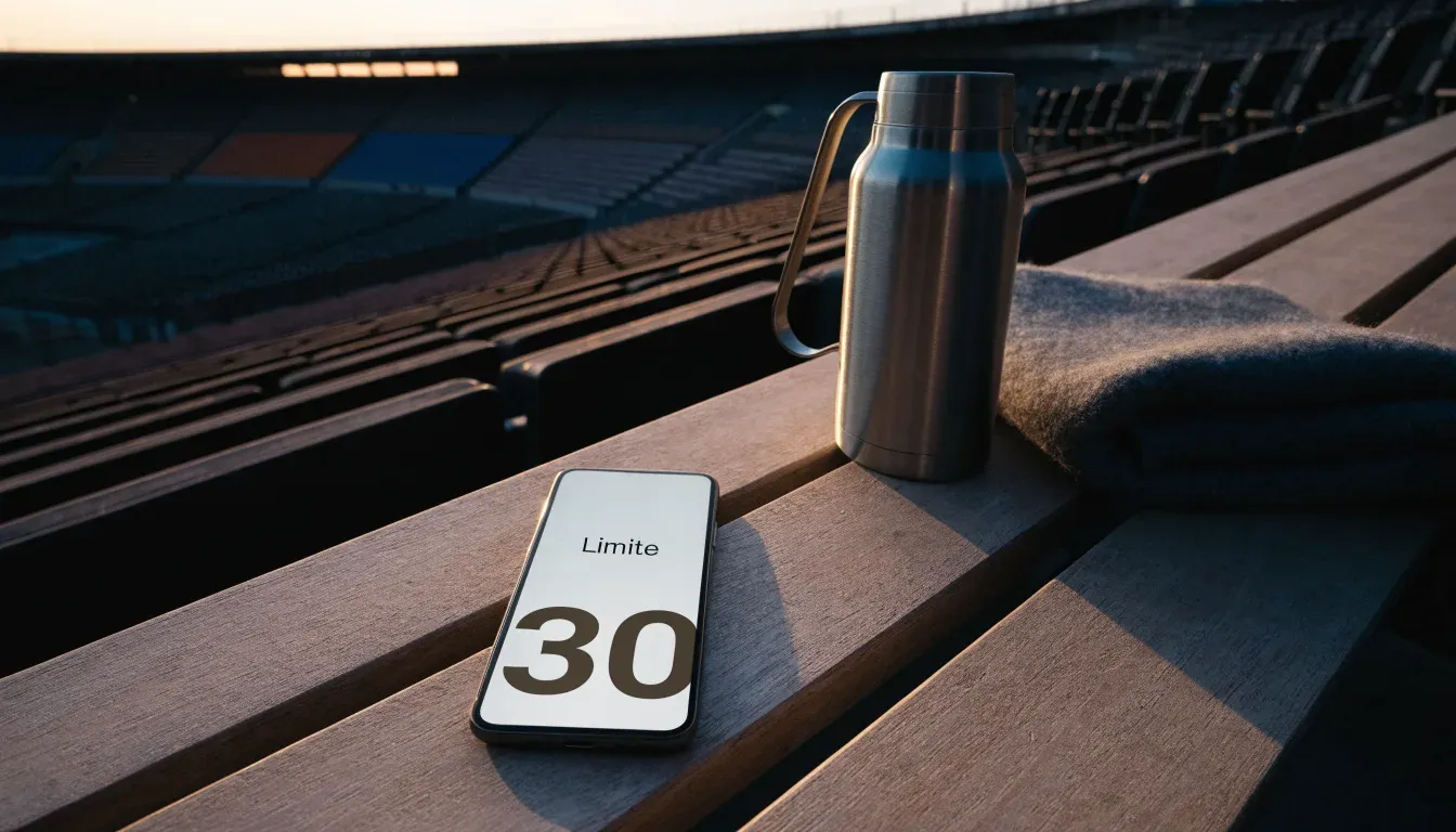 Eine Thermoskanne und eine zusammengelegte Wolldecke stehen auf einer leeren Stadionbank, die Sonne geht hinter den Rängen unter.