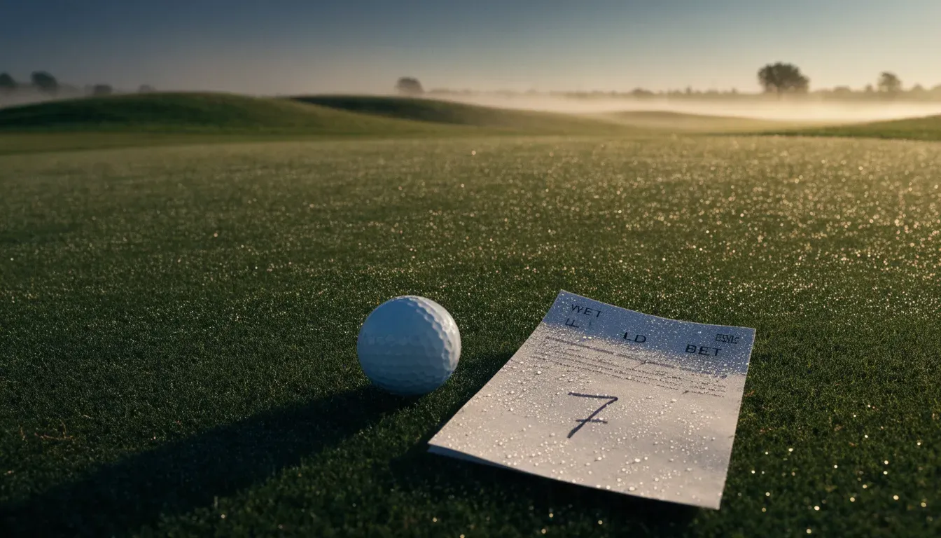 Ein Golfgrün bei Sonnenaufgang mit Tau auf dem Rasen, die Fahnenstange fehlt und im Hintergrund ziehen Nebelschwaden.