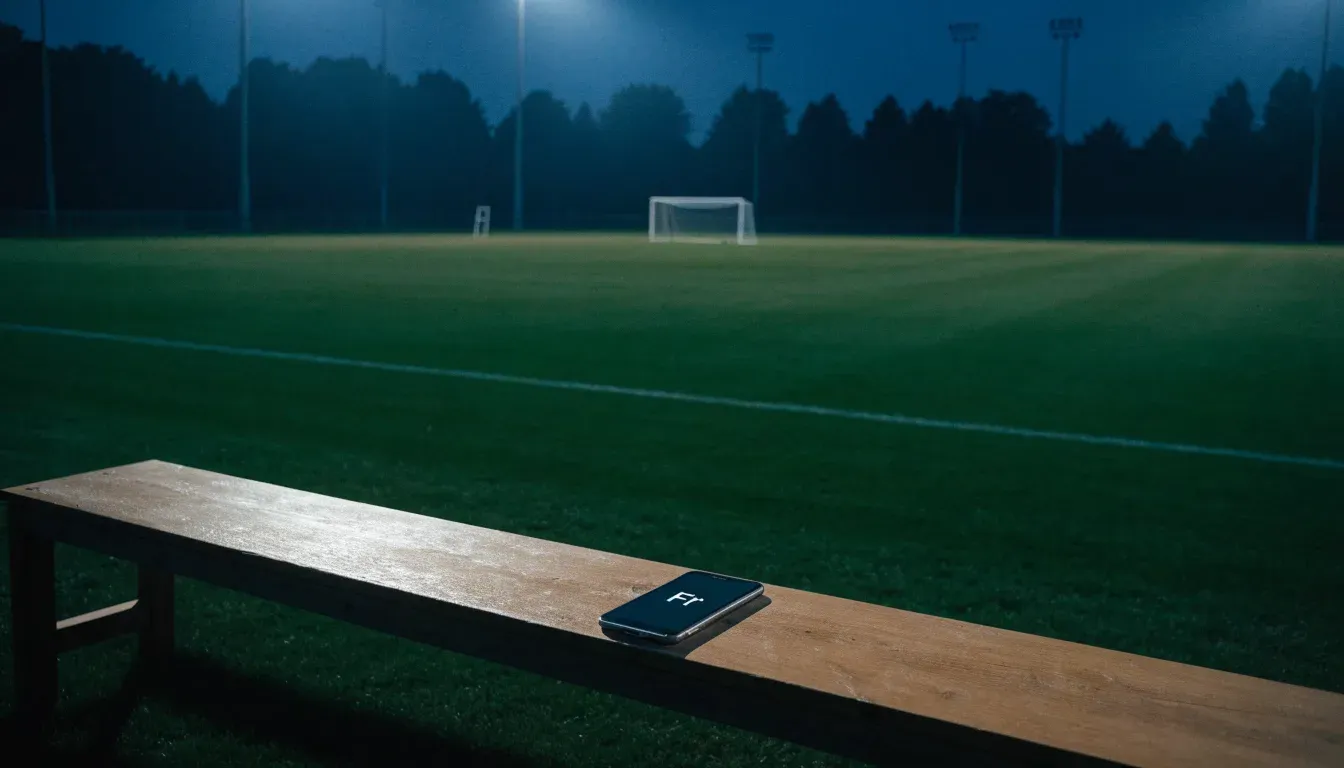 Hohe Flutlichtmasten ragen nachts über einen leeren Trainingsplatz, der Rasen glänzt im weissen Licht.