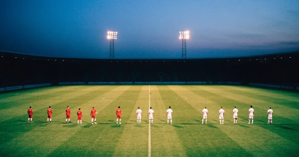 Ein menschenleerer Fussballplatz mit frisch gemähtem Rasen unter Flutlichtmasten in der Abenddämmerung, aus erhöhter Perspektive fotografiert.