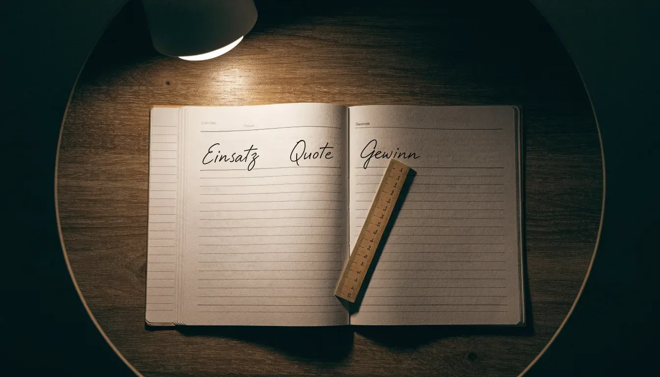 Eine Schreibtischlampe beleuchtet ein kariertes Heft mit handschriftlichen Skizzen, daneben liegt ein Lineal aus Holz.