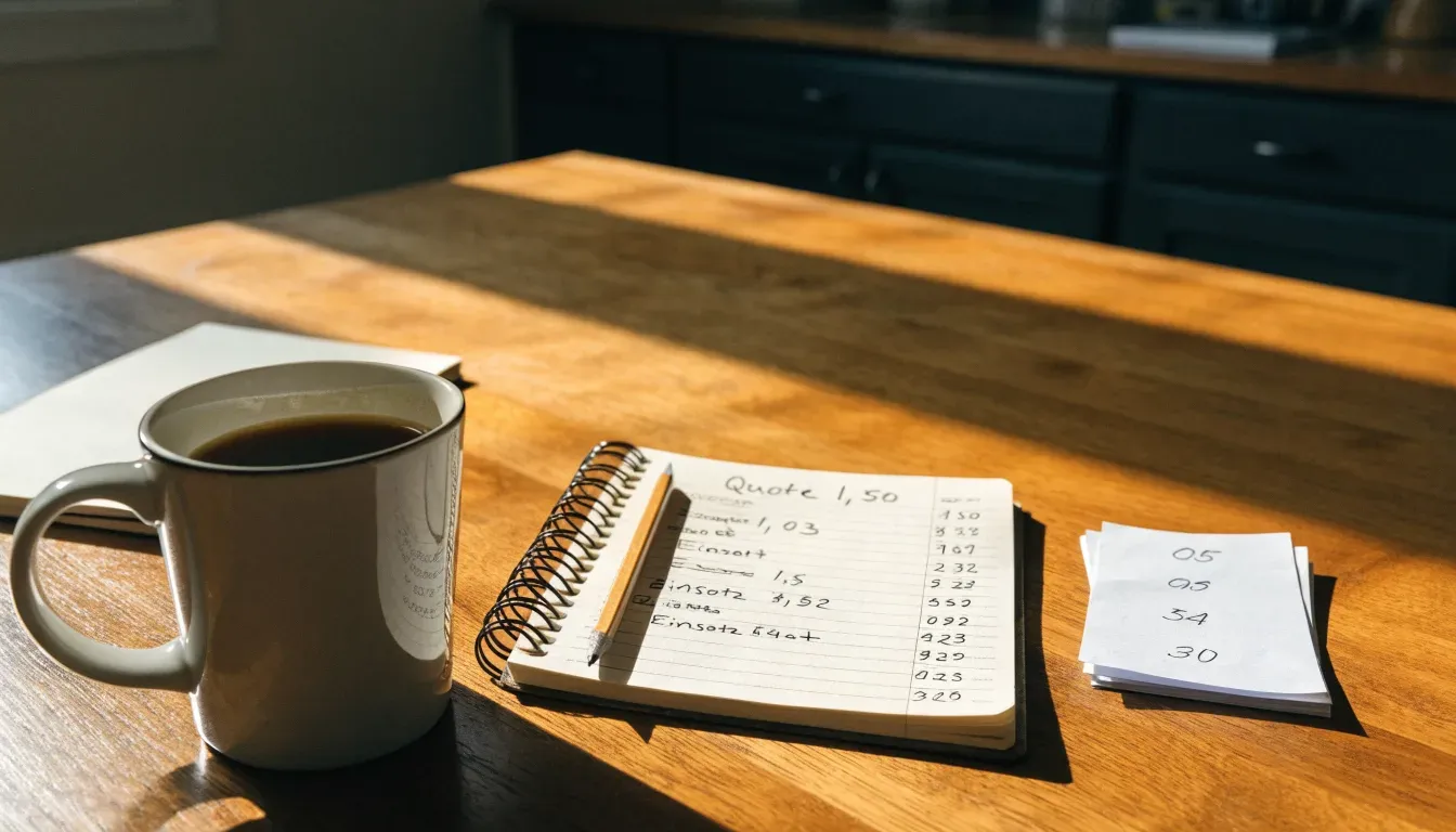 Eine Tasse Kaffee und ein Bleistift liegen auf einem sonnenbeschienenen Küchentisch neben einem leeren Notizblock.