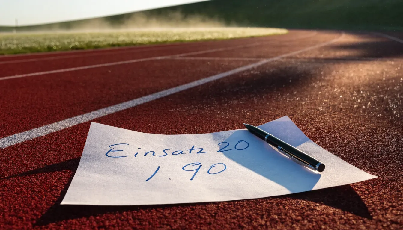 Eine leere Tartanbahn einer Leichtathletikanlage am frühen Morgen, Tau auf den Rasenflächen daneben und tiefstehende Sonne.