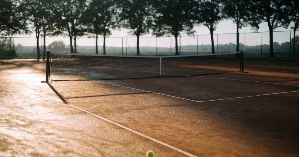Ein Tennisplatz bei Sonnenaufgang mit gespanntem Netz und feuchtem Sandbelag, niemand steht auf dem Platz.