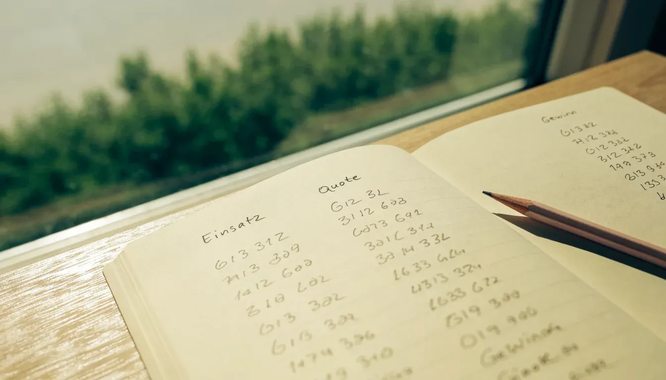 Ein aufgeschlagenes Notizbuch mit handschriftlichen Spalten und ein Bleistift liegen auf einem Holztisch neben einem Fenster.