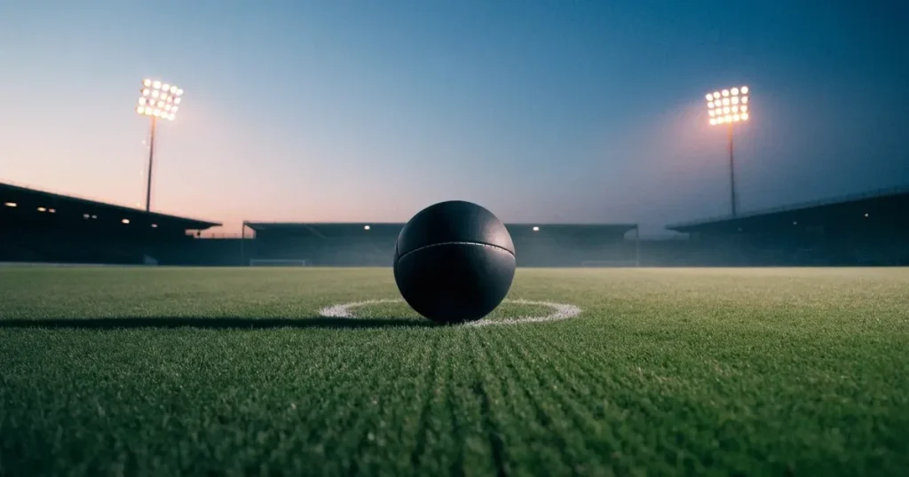 Ein Fussball liegt auf dem Anstosspunkt eines leeren Rasenplatzes, im Hintergrund glimmen Flutlichtmasten im Abendlicht.