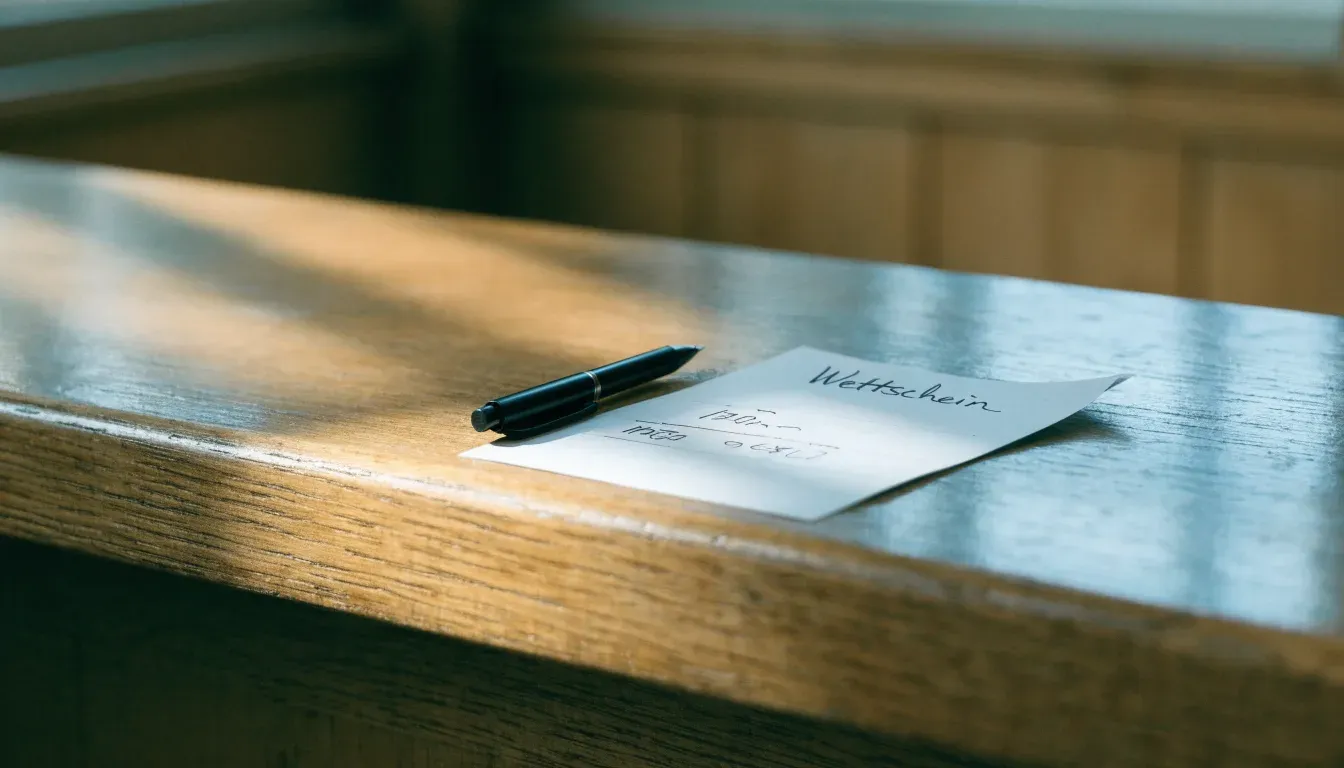 Ein unbeschriebener Papierwettschein und ein Kugelschreiber liegen auf einer hölzernen Ladentheke im Tageslicht.