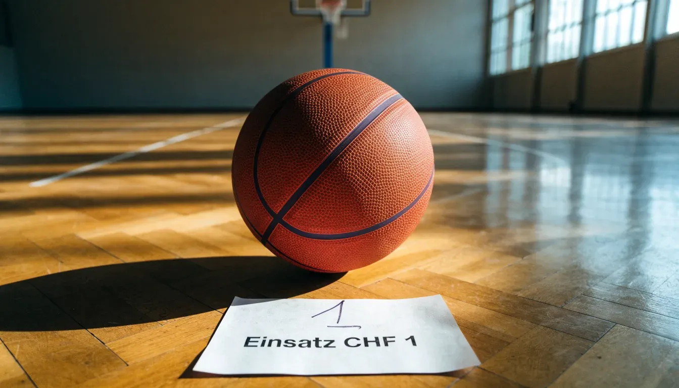 Ein Basketball ruht auf dem Parkett einer leeren Sporthalle, durch hohe Fenster fällt Tageslicht.