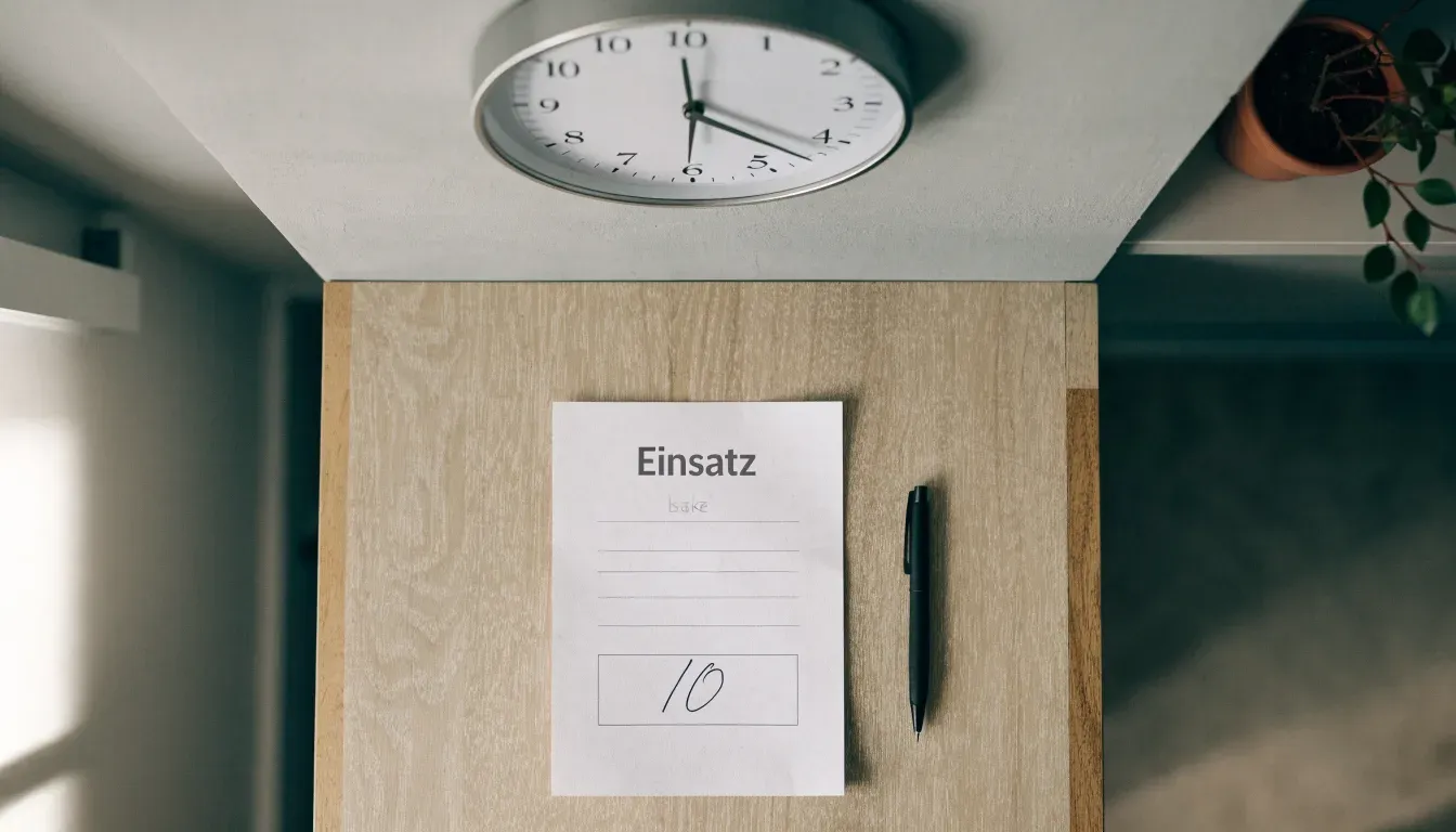 Eine Wanduhr hängt in einem ruhigen Büro, davor ein aufgeräumter Tisch mit einer Pflanze.