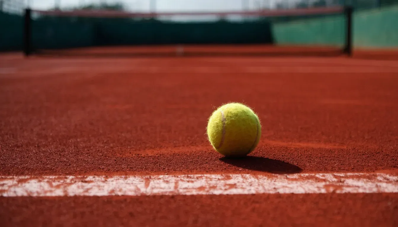 Ein Tennisball liegt auf rotem Sand neben einer verblassten Linie, das Licht ist weich.