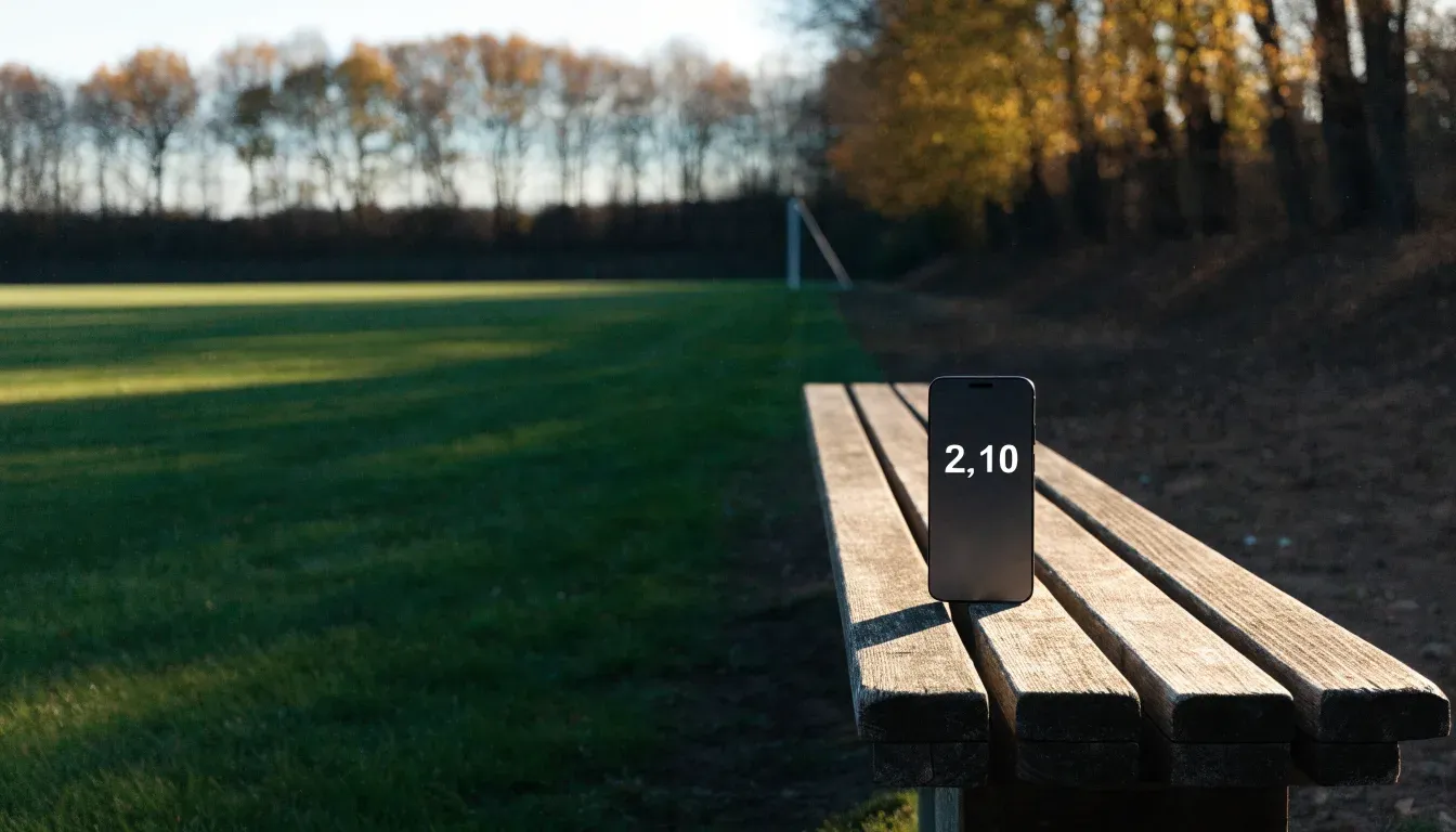 Eine hölzerne Bank steht an der Seitenlinie eines leeren Sportplatzes, dahinter Bäume im Herbstlicht.